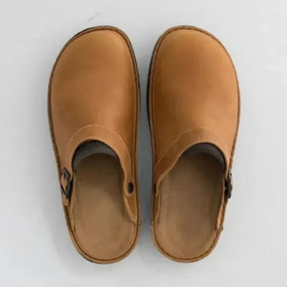 Comfortable Leather Clog Mules for Women with Round Toe Buckle Strap Backless Slip On Casual Style