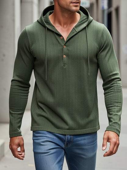 Comfortable Green Cable Knit Henley Hoodie for Women with Drawstring Hood Long Sleeve Button Placket Relaxed Style