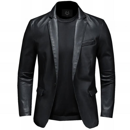 Elegant Black Leather Blazer Jacket for Women with Notch Lapel Long Sleeve Single Button Tailored Style