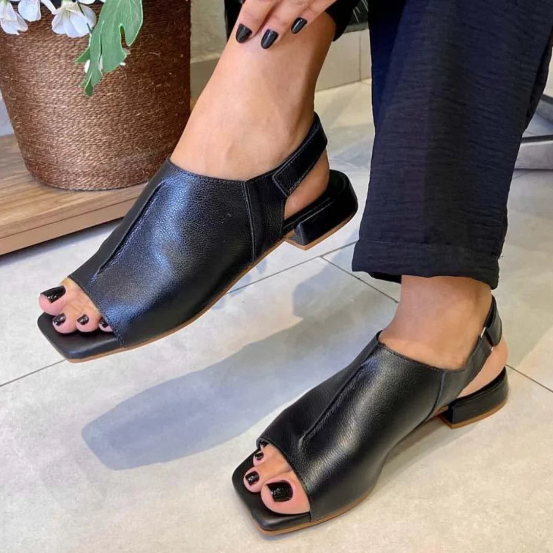 Comfortable Flat Sandals for Women with Peep Toe Slingback Strap Leather Look Minimalist Style