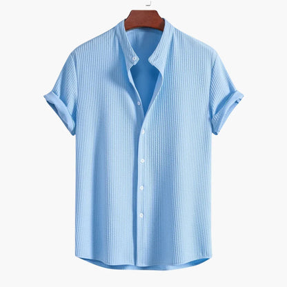 Effortless Textured Button Up Shirt for Women with Band Collar Short Sleeve Relaxed Casual Style