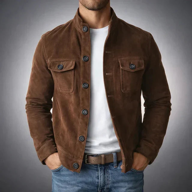 Elegant Suede Jacket for Women with Stand Collar Long Sleeve Button Front Casual Style