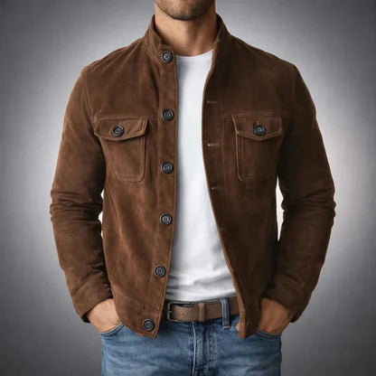 Elegant Suede Jacket for Women with Stand Collar Long Sleeve Button Front Casual Style