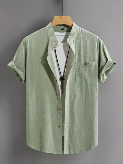 Effortless Linen Shirt for Women with Stand Collar Short Sleeve Button Front Relaxed Casual Style