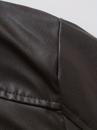 Elegant Navy Blue Faux Leather Jacket for Women with Stand Collar Long Sleeve Zip Front Moto Style