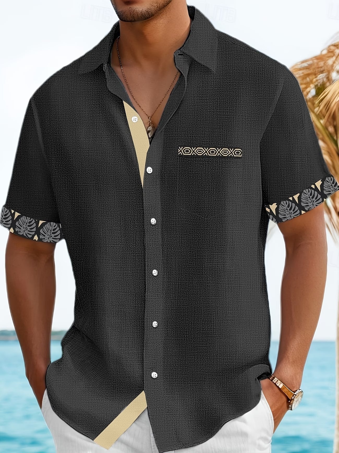 Effortless Linen Blend Button Up Shirt for Women with Collar Short Sleeve Tropical Trim Relaxed Casual Style