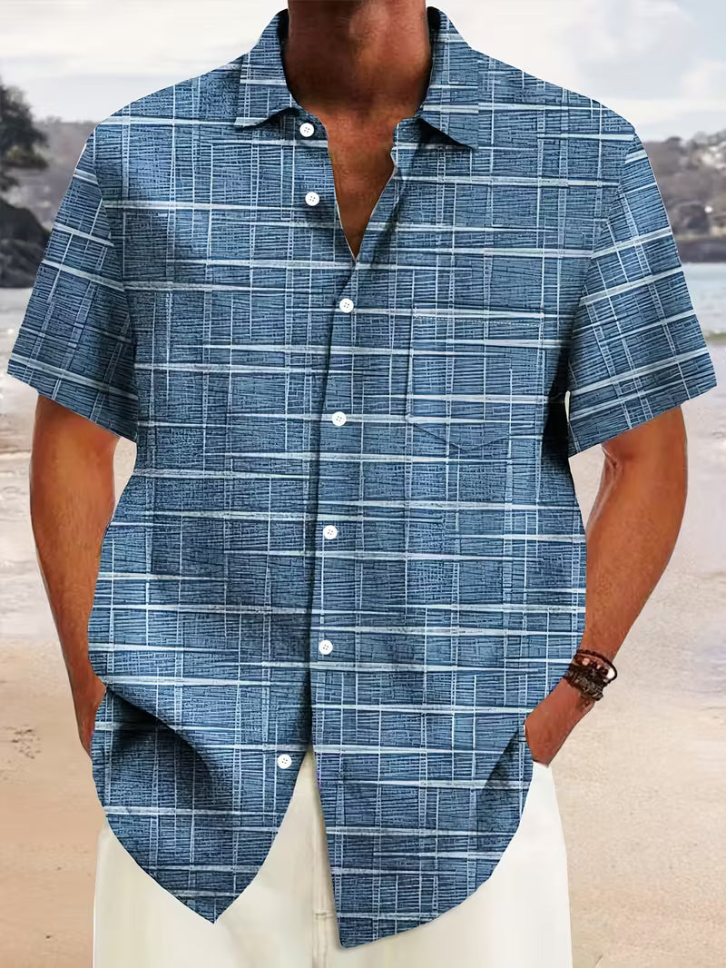 Effortless Grid Print Shirt for Women with Collar Short Sleeve Button Front Curved Hem Casual Style