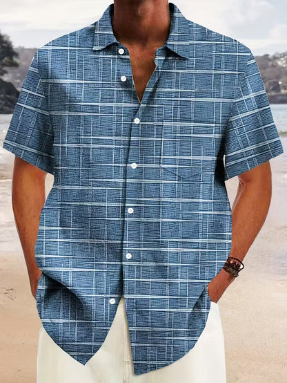 Effortless Grid Print Shirt for Women with Collar Short Sleeve Button Front Curved Hem Casual Style