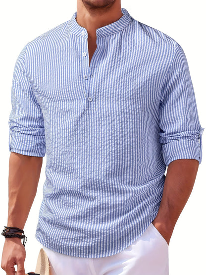 Effortless Striped Henley Shirt for Women with Banded Collar Long Sleeve Relaxed Casual Style