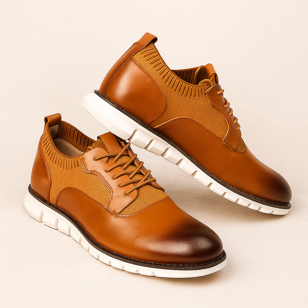 Stylish Leather Sneaker for Women with Round Toe Lace-Up Knit Panel Lug Sole Casual Style
