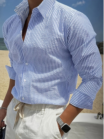 Effortless Striped Seersucker Blouse for Women with Collar Long Sleeve Button Front Relaxed Casual Style