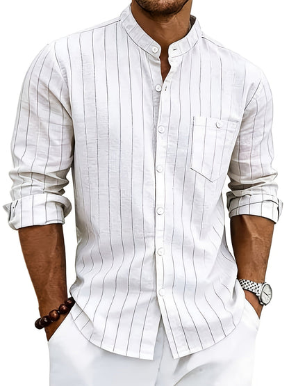 Effortless White Pinstripe Linen Shirt for Women with Band Collar Long Sleeve Button Front Relaxed Style