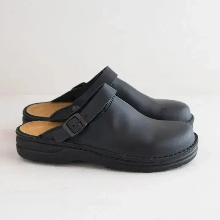 Comfortable Leather Clog Mules for Women with Round Toe Buckle Strap Backless Slip On Casual Style