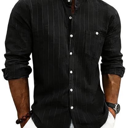 Effortless White Pinstripe Linen Shirt for Women with Band Collar Long Sleeve Button Front Relaxed Style