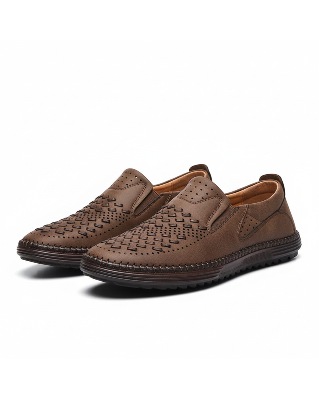 Comfortable Woven Leather Loafers for Women with Slip On Round Toe Perforated Casual Style