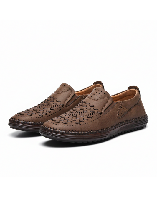 Comfortable Woven Leather Loafers for Women with Perforated Toe Slip On Hand Stitched Casual Style