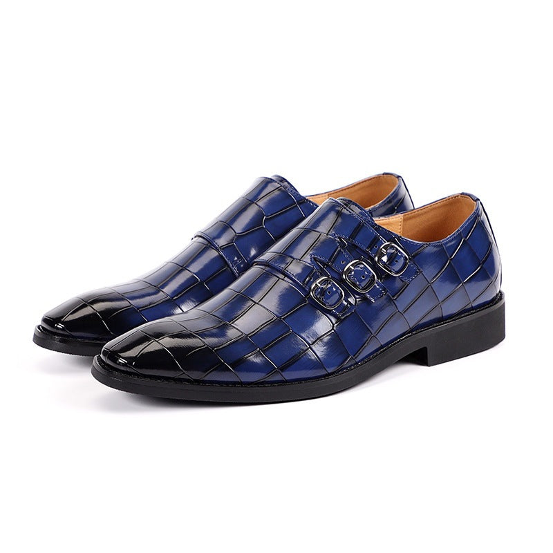 Elegant Croc Embossed Monk Strap Dress Shoes for Women with Triple Buckle Pointed Toe Textured Leather Formal Style