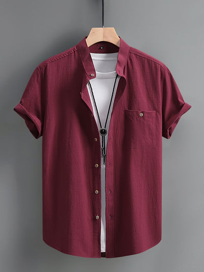 Effortless Linen Shirt for Women with Stand Collar Short Sleeve Button Front Relaxed Casual Style