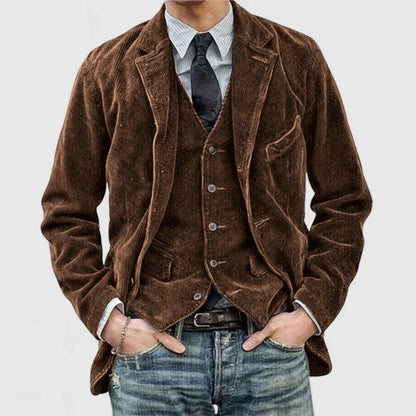 Elegant Corduroy Suit Jacket for Women with Notch Lapel Long Sleeve Layered Vest Detail Casual Style