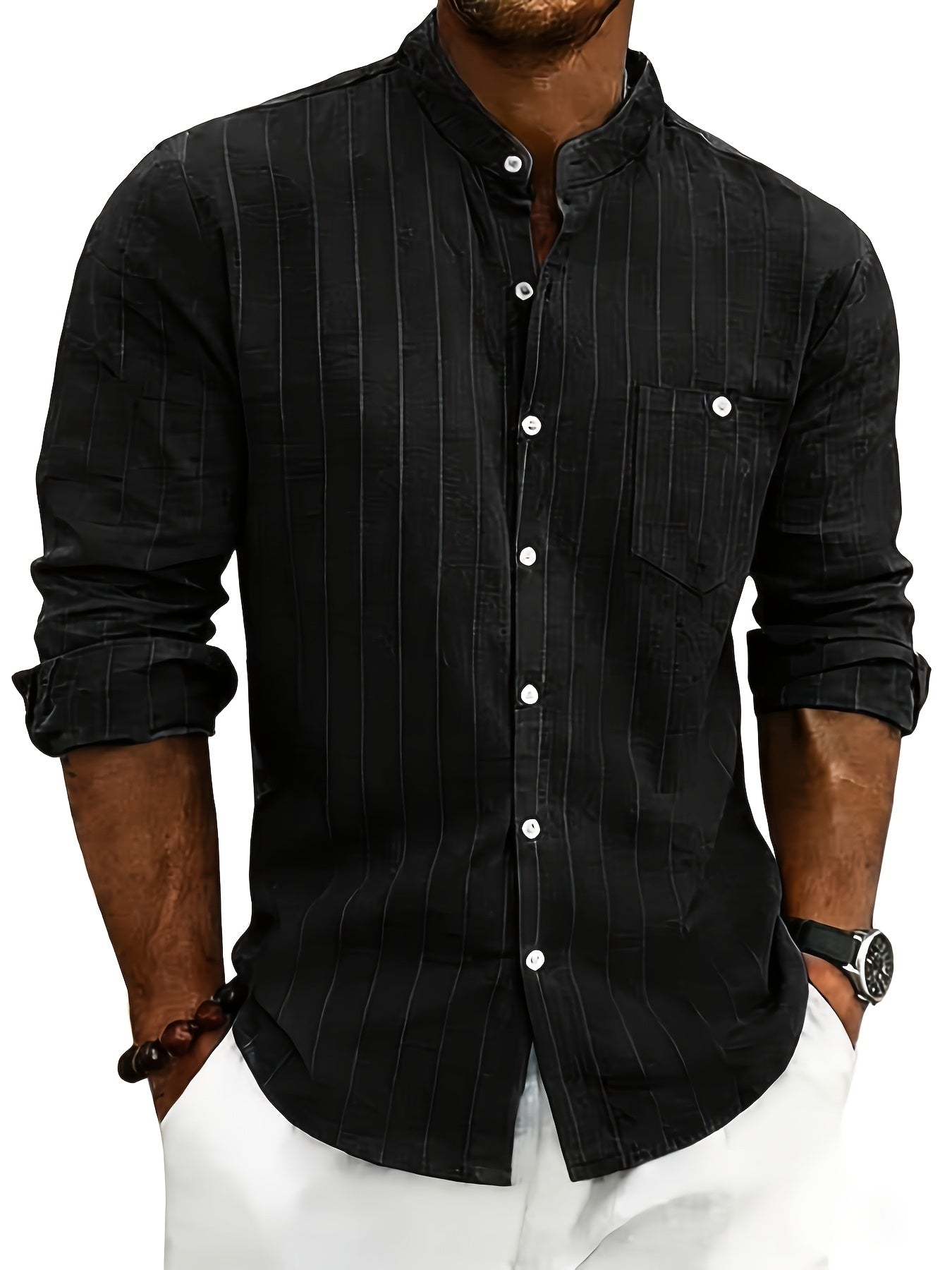 Effortless White Pinstripe Linen Shirt for Women with Band Collar Long Sleeve Button Front Relaxed Style