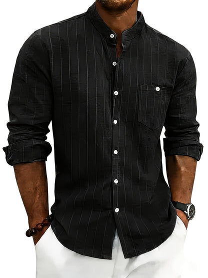Effortless White Pinstripe Linen Shirt for Women with Band Collar Long Sleeve Button Front Relaxed Style