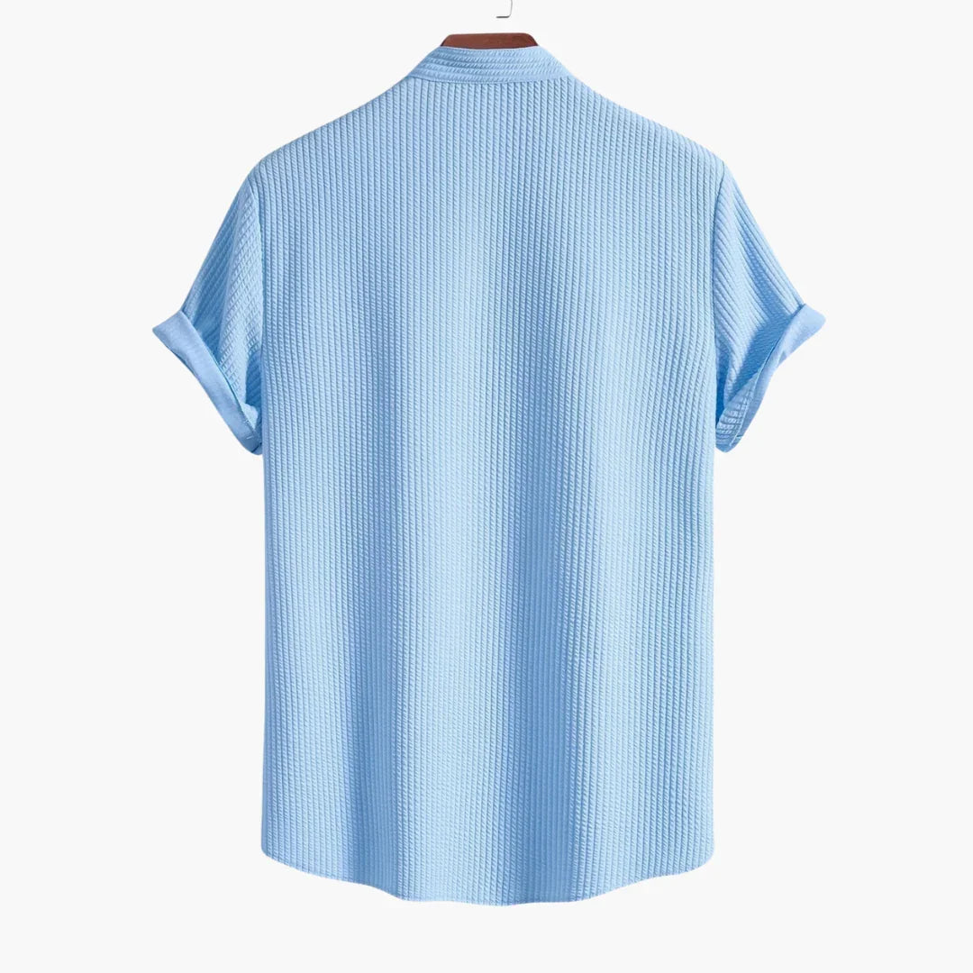 Effortless Textured Button Up Shirt for Women with Band Collar Short Sleeve Relaxed Casual Style
