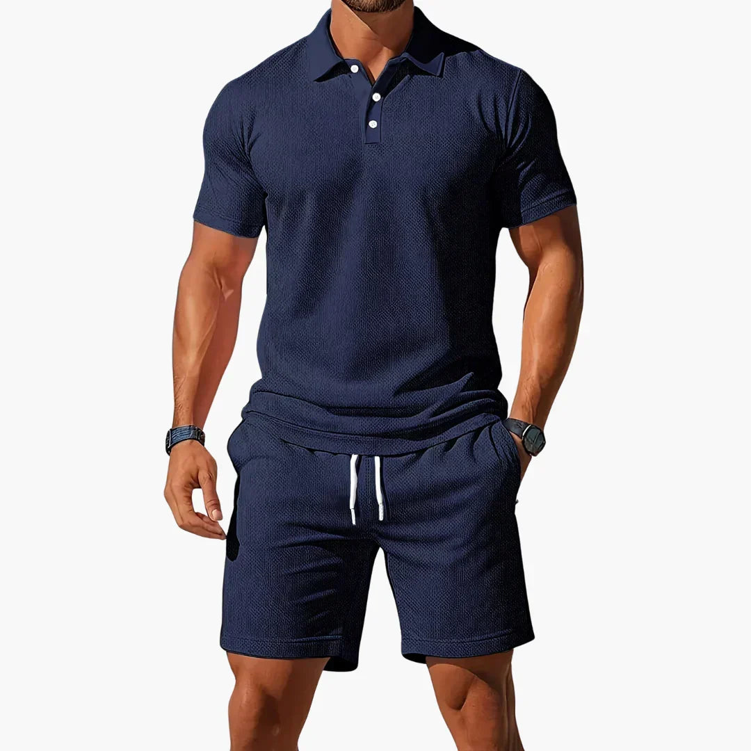 Effortless Textured Polo Two Piece Set for Women with Button Collar Short Sleeve Drawstring Shorts Casual Style