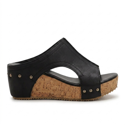 Comfortable Wedge Sandals for Women with Studded T Strap Cork Platform Peep Toe Slide Style