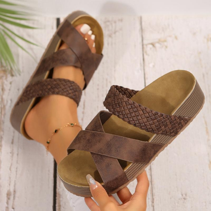Comfortable Slide Sandals for Women with Crossover Woven Strap Cork Footbed Open Toe Style