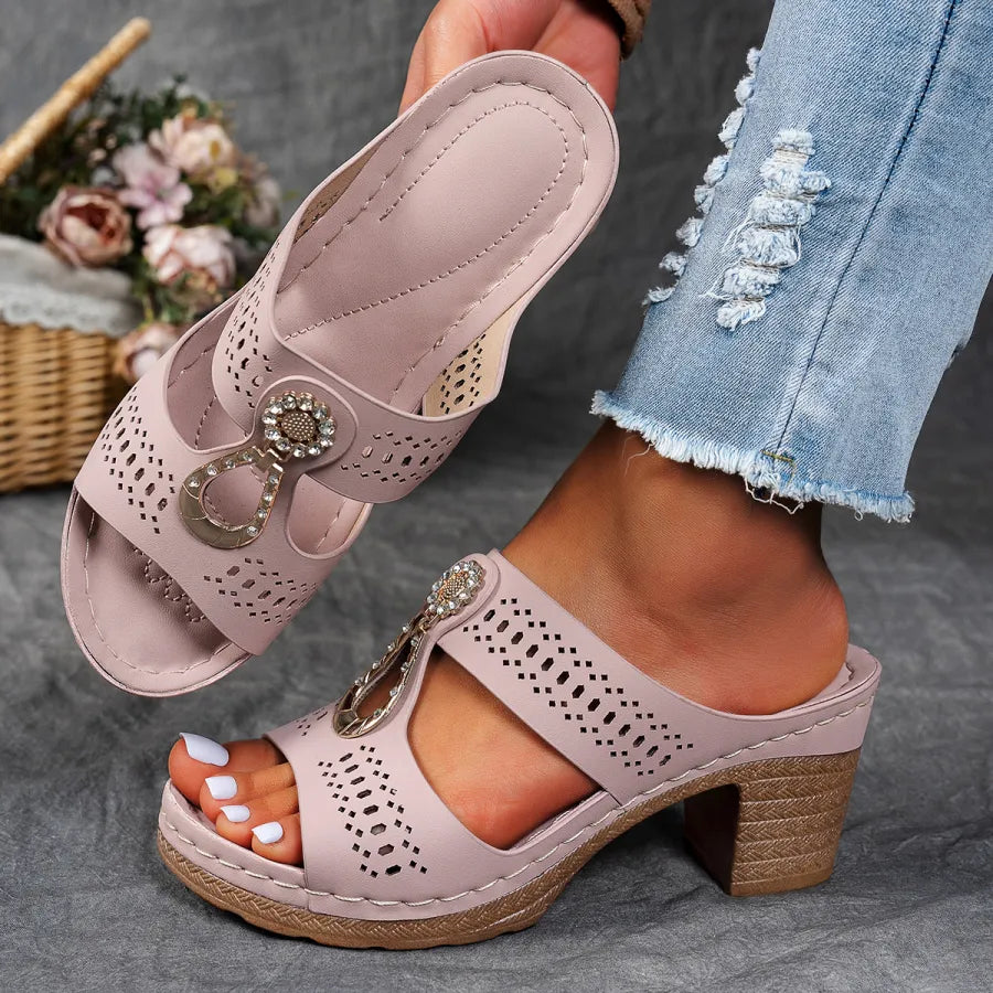 Comfortable Mules Heels for Women with Metal Ring Detail Block Heel Open Toe Slip On Style