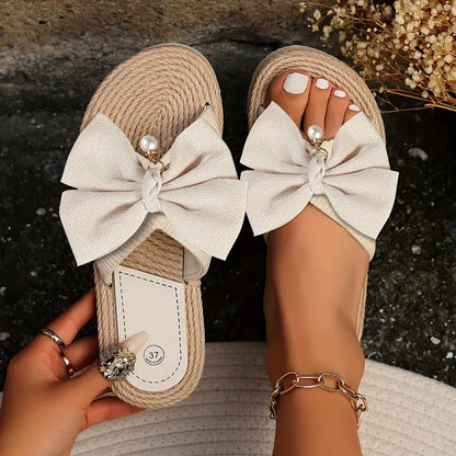 Comfortable Flat Sandals for Women with Bow Detail Espadrille Trim Slip On Open Toe Style