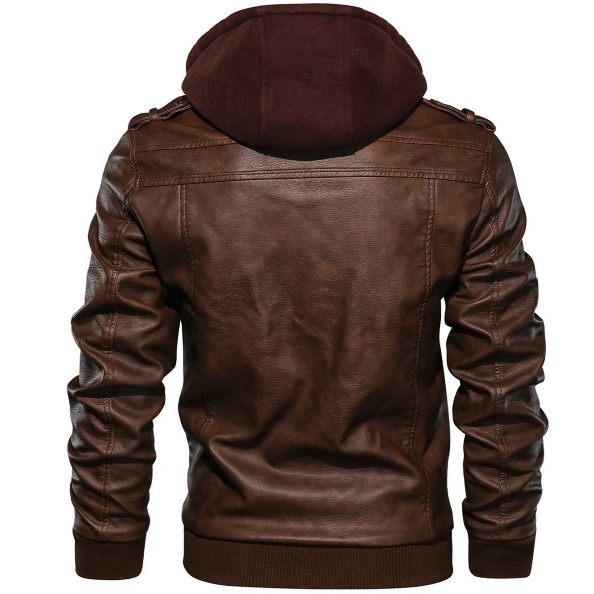 Effortless Brown Leather Jacket for Women with Hooded Collar Long Sleeve Zip Pocket Casual Style