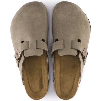 Comfortable Clogs for Women with Suede Upper Buckle Strap Contoured Cork Footbed Style