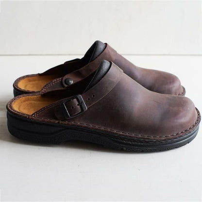 Comfortable Leather Clog Mules for Women with Round Toe Buckle Strap Backless Slip On Casual Style