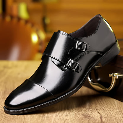 Elegant Leather Monk Strap Shoe for Women with Double Buckle Cap Toe Loafer Style
