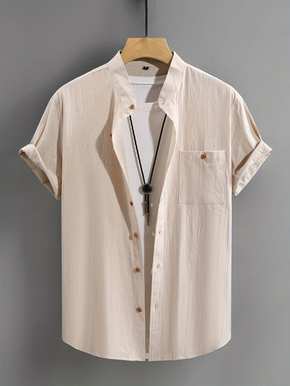 Effortless Linen Shirt for Women with Stand Collar Short Sleeve Button Front Relaxed Casual Style