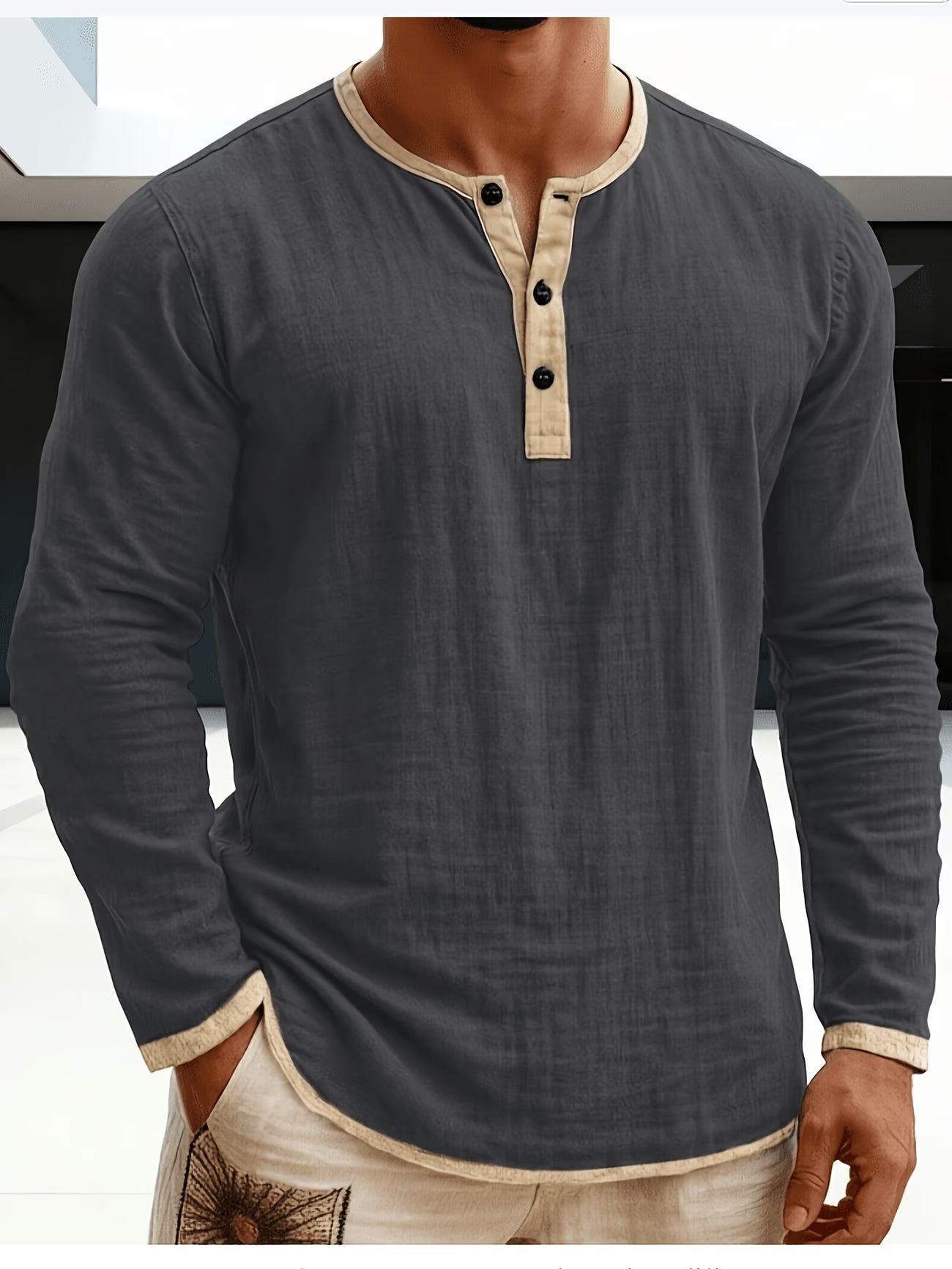 Effortless Linen Henley Shirt for Women with Contrast Trim Button Placket Long Sleeve Relaxed Style