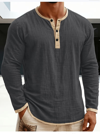 Effortless Linen Henley Shirt for Women with Contrast Trim Button Placket Long Sleeve Relaxed Style