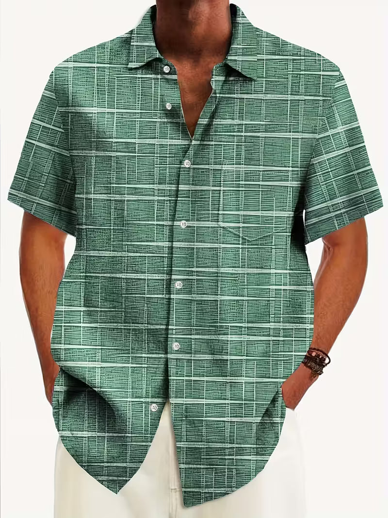 Effortless Grid Print Shirt for Women with Collar Short Sleeve Button Front Curved Hem Casual Style