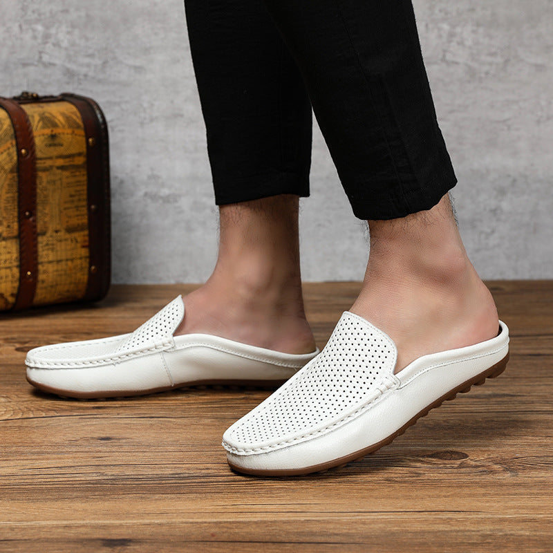 Comfortable Perforated Leather Mule Loafer for Women with Backless Slip On Stitched Apron Casual Style
