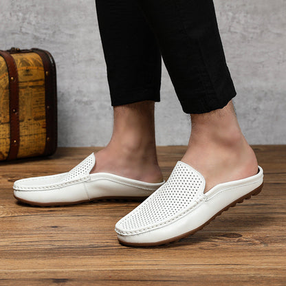 Comfortable Perforated Leather Mule Loafer for Women with Backless Slip On Stitched Apron Casual Style