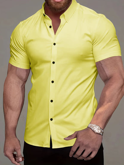 Effortless Stretch Button-Up Shirt for Women with Collar Short Sleeve Slim Fit Tailored Style
