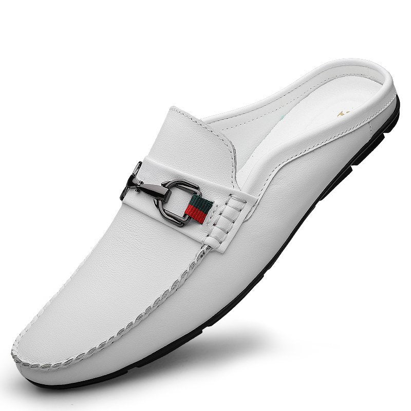 Effortless Leather Mule Loafer for Women with Horsebit Buckle Woven Panel Backless Casual Style