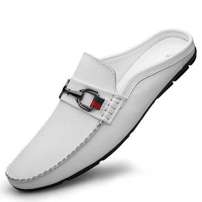 Effortless Leather Mule Loafer for Women with Horsebit Buckle Woven Panel Backless Casual Style