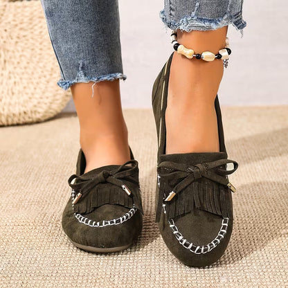 Comfortable House Shoes for Women with Fringe Bow Suede Moccasin Slip On Style