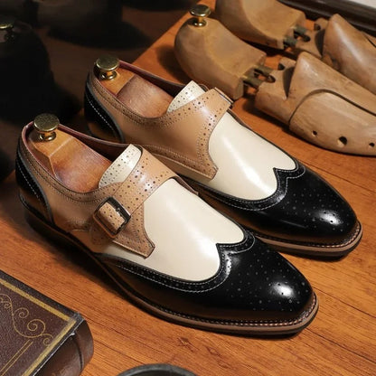 Elegant Colorblock Leather Monk Strap Shoe with Wingtip Brogue Pointed Toe Formal Style