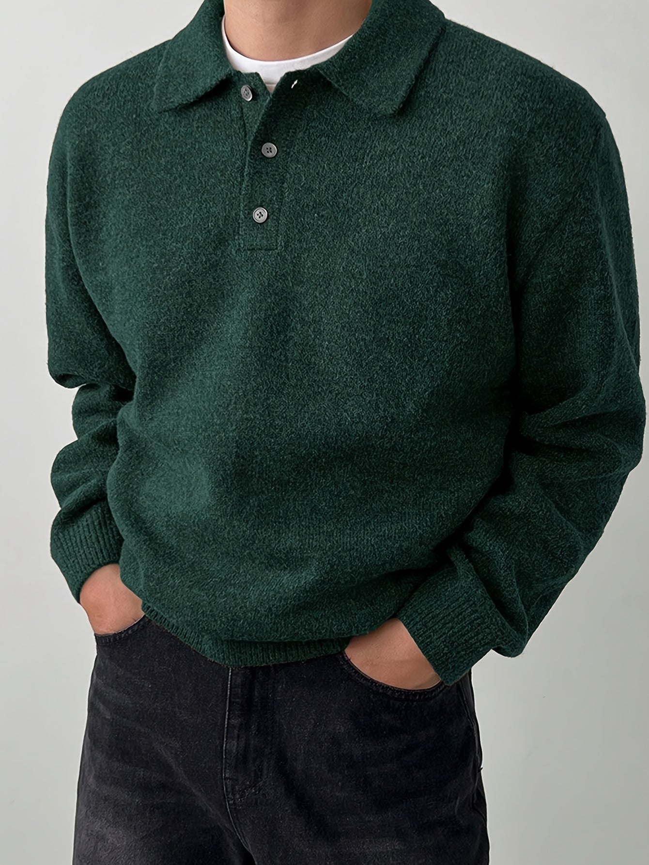 Comfortable Olive Green Knit Polo Sweater for Women with Collar Long Sleeve Button Placket Relaxed Oversized Style