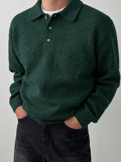Comfortable Olive Green Knit Polo Sweater for Women with Collar Long Sleeve Button Placket Relaxed Oversized Style
