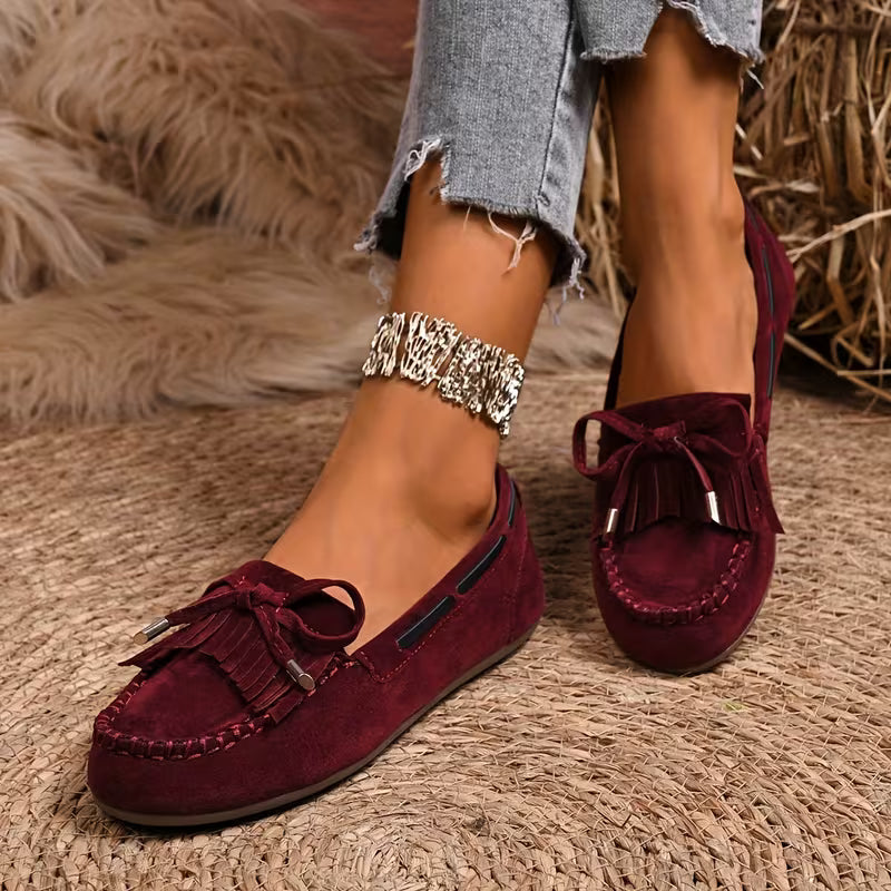 Comfortable House Shoes for Women with Fringe Bow Suede Moccasin Slip On Style