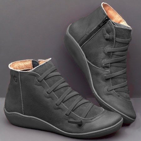 Comfortable Leather Ankle Boots for Women with Lace Up Zipper Wedge Sole Casual Style